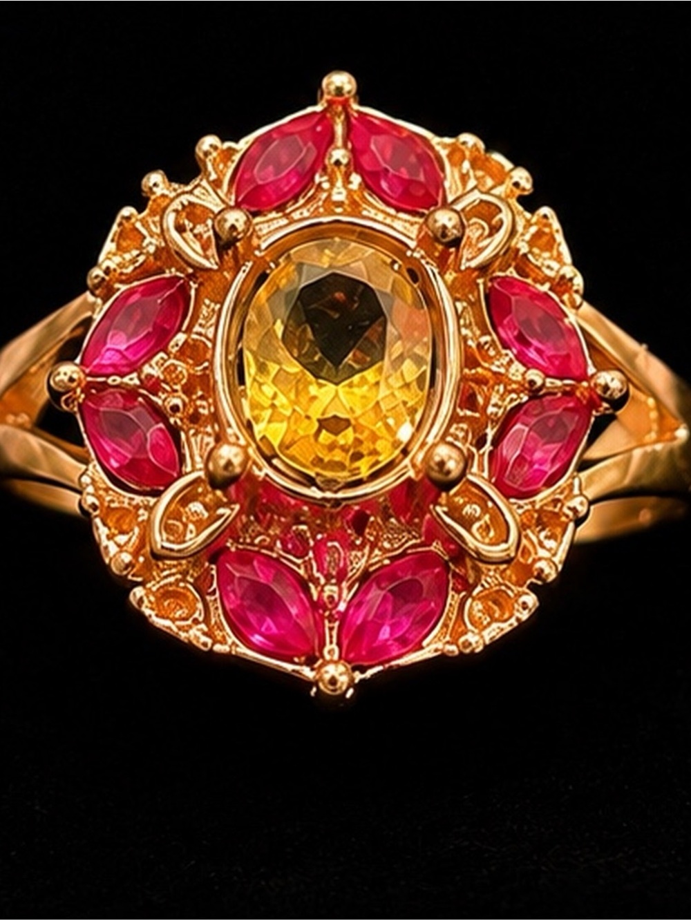 Vintage Gold Tone Pink & Yellow Statement Cocktail Ring Size 11